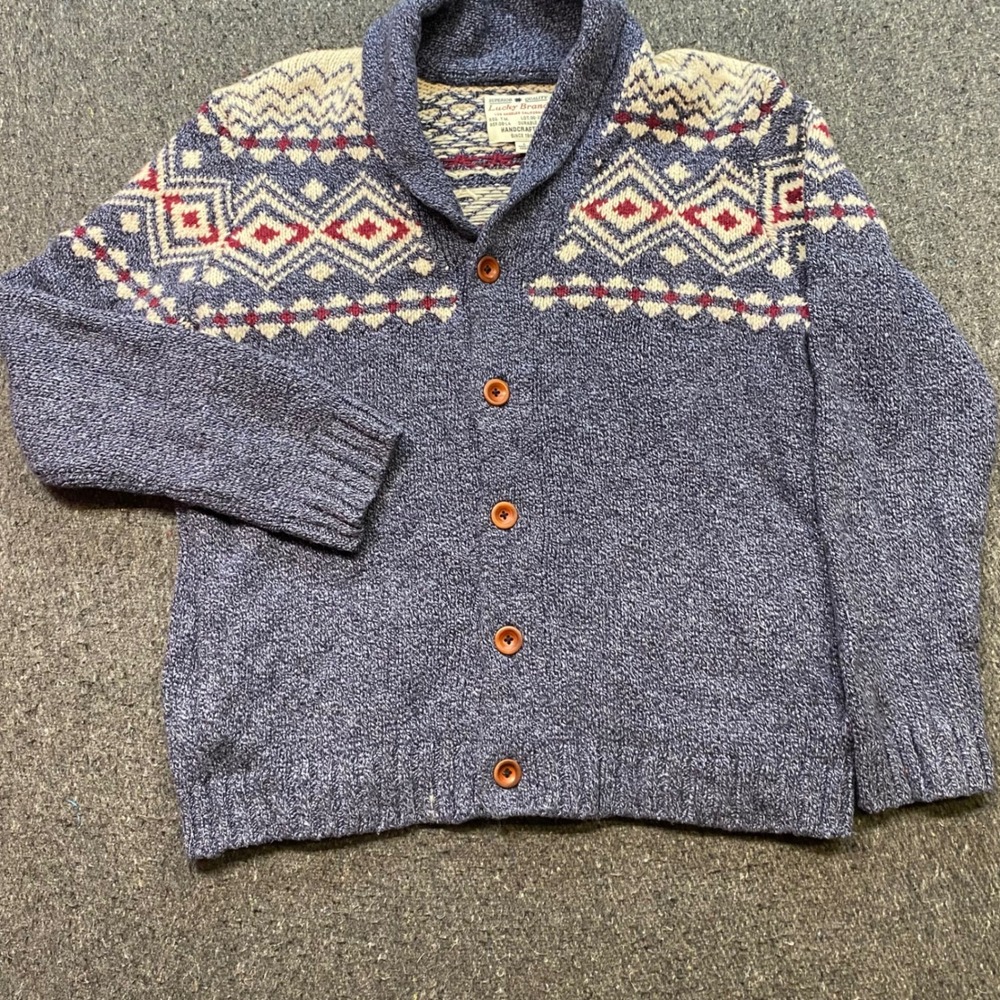 Lucky Brand Cardigan Sz L Mens Blue Fair Isle Shawl Collar Button Knit Sweater
